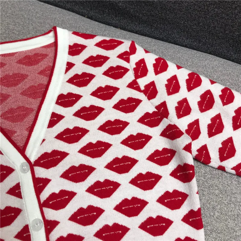 Роскошный дизайнерский брендовый вязаный свитер для женщин винтажный v-образный вырез контрастный цвет красные губы оборки трикотажные кардиганы свитер