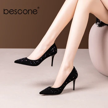 

BESCONE Handmade Pumps Women Kid Sheep Concise Pointed ToeThin Heels Multicolor Diamond Frosted Pumps Low key Black Shoes BM511