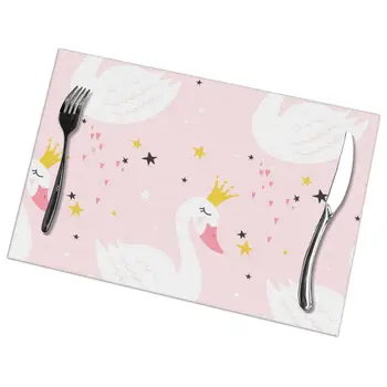 

6 Pcs Placemat Cute Princess Swan On Pink Background Fabric Table Mats Tableware Kitchen Tool Table Mats