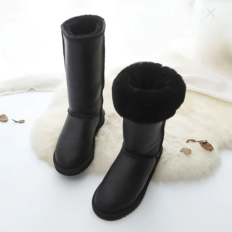 Metal Black Сапоги с высоким голенищем из натуральной овечьей кожи; теплые зимние сапоги наивысшего качества на натуральном меху; женские сапоги; нескользящие шерстяные зимние сапоги; - Цвет: Metal Black
