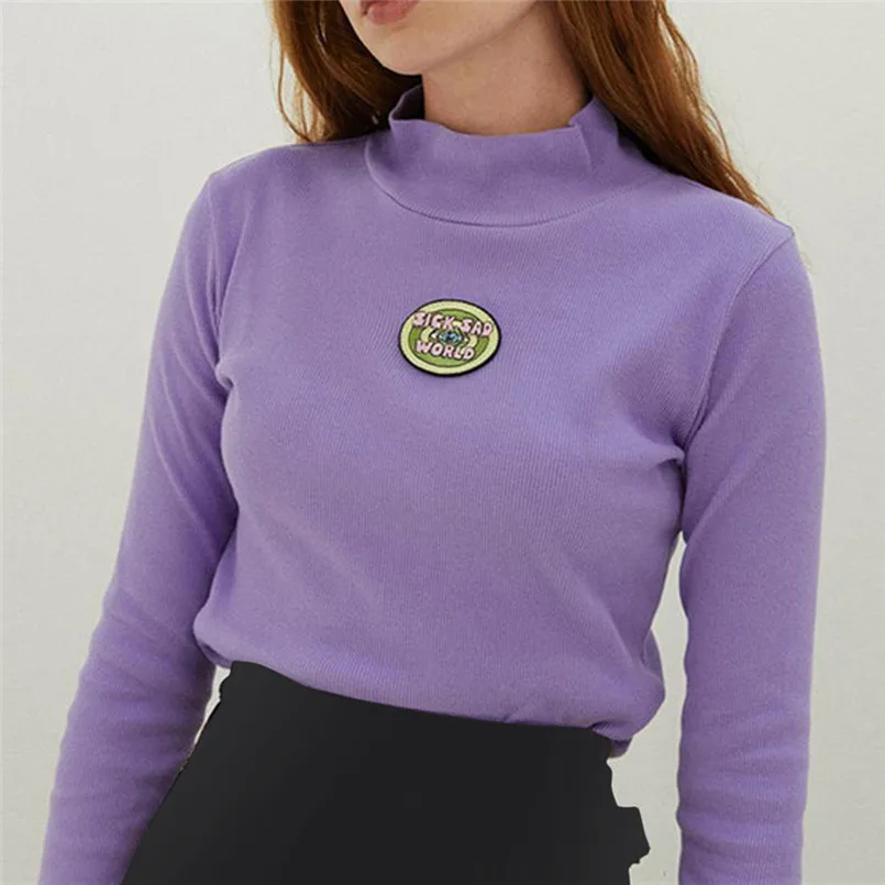 Casual Slim T Shirt Women Long Sleeve Tees Shirt Letter Embroidery T Shirt Turtleneck Autumn Purple Fashion T-shirt New 40DE24 (8)