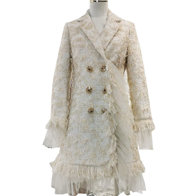 Осенне-зимнее винтажное тонкое твидовое шерстяное пальто, женское двубортное Сетчатое лоскутное шерстяное пальто