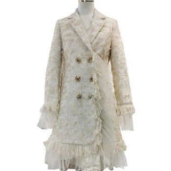 

autumn winter vintage small fragrance tweed woolen coat women double breasted mesh patchwork wool blends coat