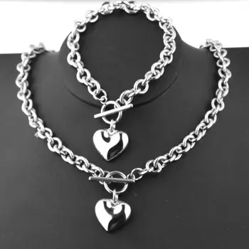 1 Set Women Stainless Steel Chain Heart Toggle Bracelet Necklace Jewelry Set