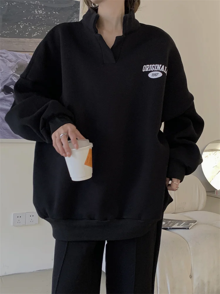 Bornladies 2022 Women Cotton Sweatshirt Suit Oversized Sets Female Stand Collar Loose Sweatshirt + Long Pants Suits Short Sets black pant suit