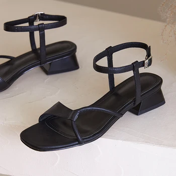

low Square Heels Rome Women Sandals Genuine Leather Buckle Summer Party Office Shoes Woman