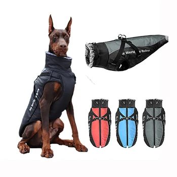 

XL-6XL Large Medium Dog Warm Jacket Fur Collar Winter Clothes For Pet Waterproof Big Coat Harness French Bulldog Pug Outfit