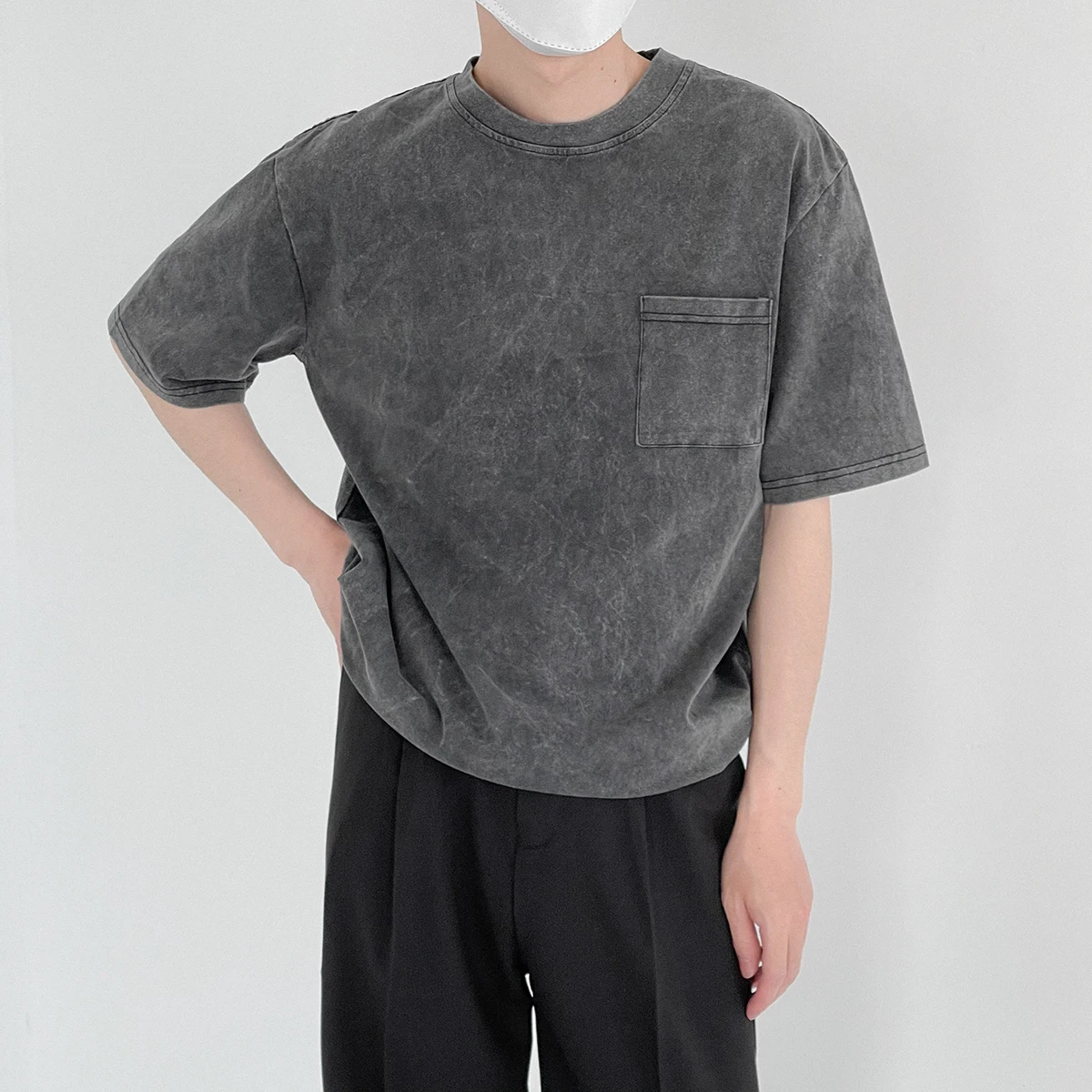 

Japanese retro short-sleeved men's old ins retro washed gray round neck shirt handsome casual T-shirt
