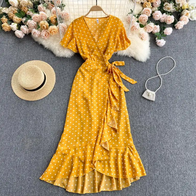 

Elegant Women White Polka Dot Mixi Dress Summer Robe Vintage One-Piece Lace-Up Ruffles Chiffon Wrap Dress Female Vestidos