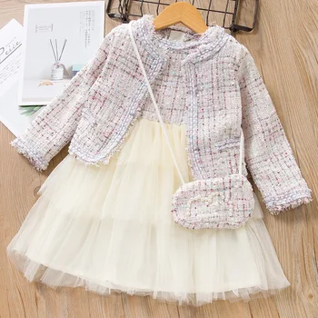 

3PCS New Children's Clothing Girls Spring Autumn Clothes Girls Casual Coat Mesh Princess Dress Messenger Bag Kids Set Suit 3-8YE