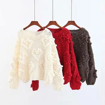 

Vintage Red Hairball Autumn Winter Sweaters Ladies Long Sleeve Casual Pullover Chic Loose Knitted Jumper