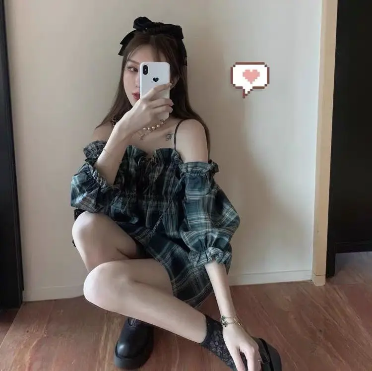 Fashion Dress Women Plaid Slash Neck Summer Mini Sweet Sexy Empire Off Shoulder Korean Style Loose Cozy Street Female Students mini dress