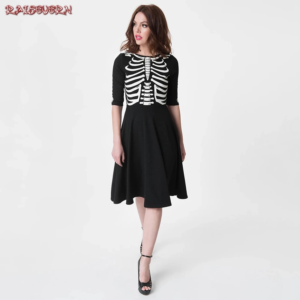 Женское платье Vestidos на Хэллоуин ropa mujer Robe Femme модное платье с круглым вырезом длиной до колена с коротким рукавом с принтом черепа плюс размер