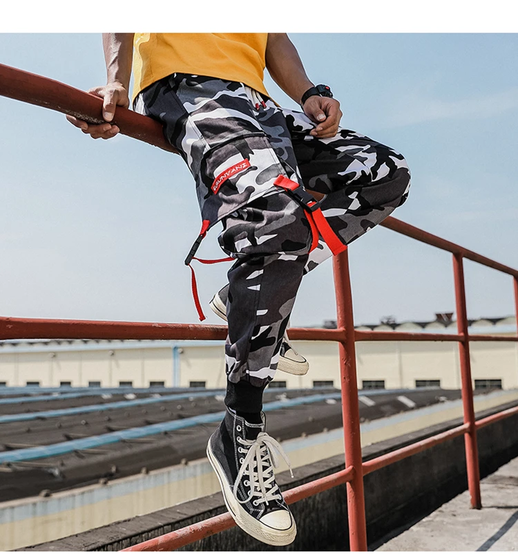 Камуфляжные мужские шаровары с боковыми карманами,, хип-хоп стиль, повседневные мужские брюки для бега, модные повседневные уличные штаны