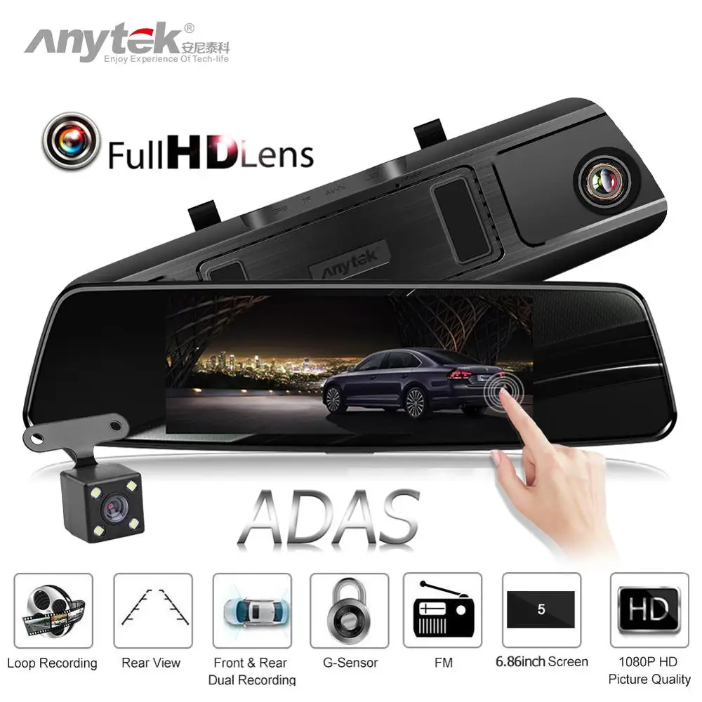 Anytek T77+ 6,8" Автомобильный видеорегистратор с сенсорным экраном, камера, видеорегистратор, автоматический видеорегистратор, двойной объектив, рекордер, зеркало заднего вида, 1080 P, видеорегистратор