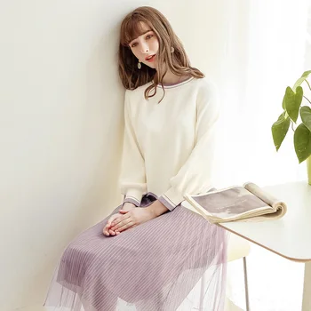 

Autumn and winter 2019 new brand women's elastic belt mesh pleated skirt lady's versatile age reduced skirt elegant