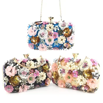 

Luxury Socialite Women Flower Evening Bag Wedding Party Bridal Handmade Beaded Sequined Glitter Satin Day Clutch Party Purse