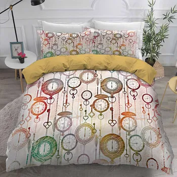 

Colorful Clock Timepiece Bedroom Decor Bedding Set Mens Gift Doona Retro Background Microfiber 1PC Duvet Cover with Pillowcases