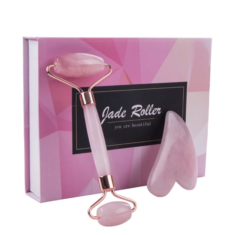 

Jade Roller Gua Sha Neck Eyer Skin Care Facial Natural Rose Quartz Massage to Press Serums Cream 3-In-1 Stone Face Massager Kit