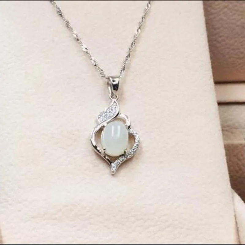 925 Silver Natural White jade pendants simple fine jewelry Zircon for women party Necklace