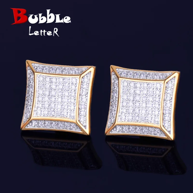15MM Big Square Men Stud Earring Gold Silver Full Cubic Zircon Screw Back Earrings Hip Hop Jewelry for Women