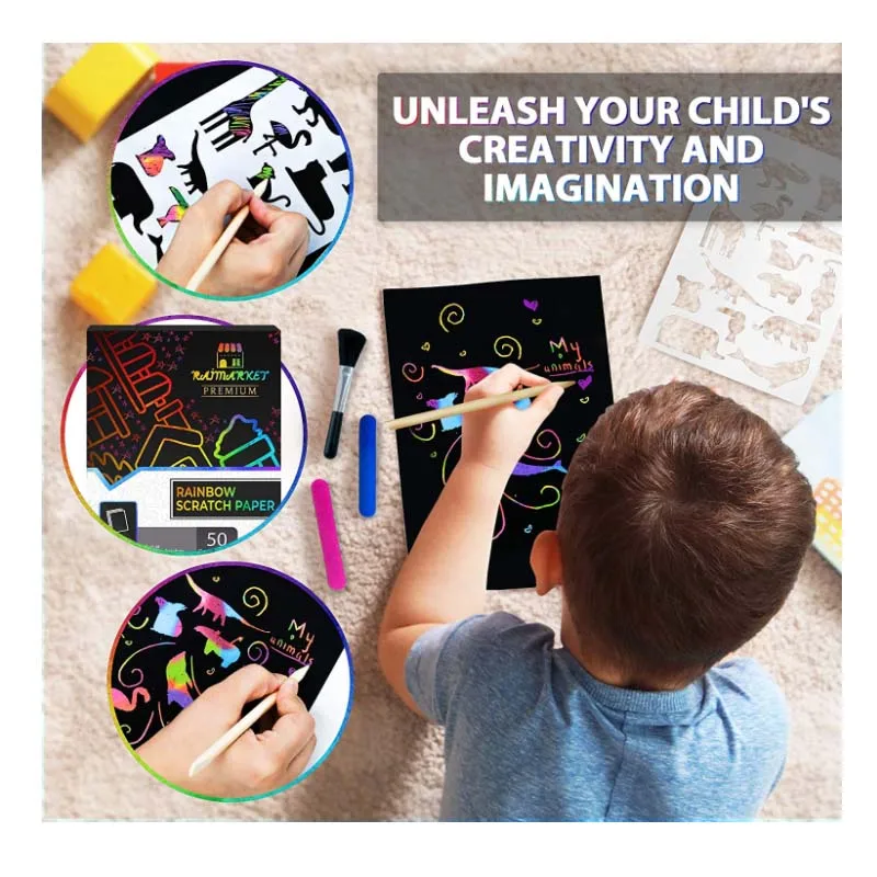 Scratch Art Set, 50 Piece Rainbow Magic Scratch Paper for Kids