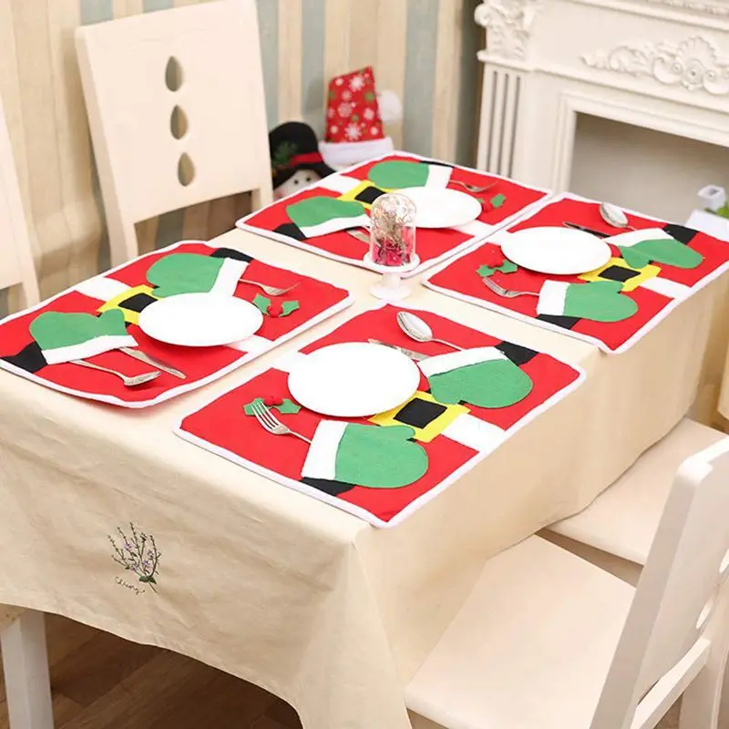 AFBC Placemats Christmas Santa Suit Table Mats, Placemat Set of 4 Non-Slip Washable Place Mats Cutlery Holder Dinner Party Decor