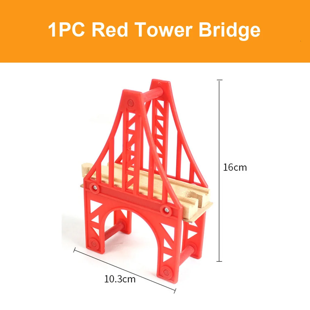 red tower bridge Деревянная железная дорога аксессуары для железной дороги туннель крест мост разнообразие компонент для деревянных треков железнодорожные автомобильные игрушки для детей - Цвет: red tower bridge