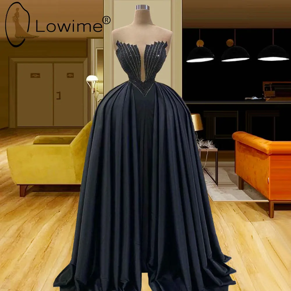 

Dubai Black Long Evening Dresses 2021 Puffy Ruched Satin Evening Gowns Plus Size Formal Prom Party Dress