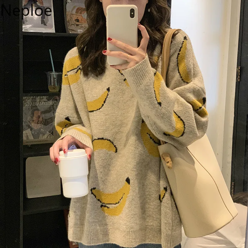 Neploe, Свободный Повседневный свитер, Женский пуловер с круглым вырезом и длинным рукавом, с принтом банана, для осени и зимы, outaer Sueter Mujer