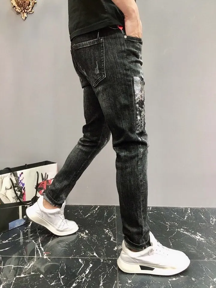 Starbags pp стрейч джинсы патч ткань мужской корейской версии slim fit Маленькие ноги нищий брюки Молодежный Глубокий серый тренд