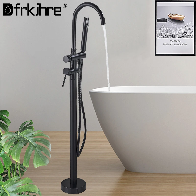 Bathroom Matte Black Floor Standing Bathtub Faucet Shower 360 Rotation Swivel Spout With ABS Handshower Tap Mixer | Обустройство дома