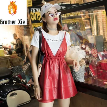 

Spring Autumn Genuine Leather Dress Women New Sexy V-Neck Fashion Loose Fit Sheepskin A-Line Leather Dress Casual Clothes