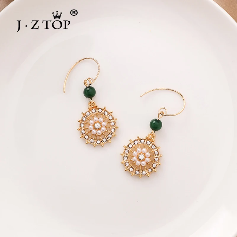 

JZTOP Vintage Openwork Disc Drop Earrings Round Imitation Pearl Rhinestone Flower Earrings Simple Elegant Women Earrings