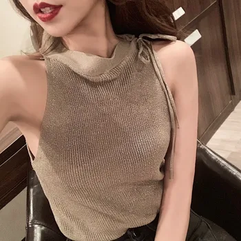 

Summer Women's Knitting Laced Halter Off-shoulder Tank Crop Tops Female Camisole Sleeveless Short Tee shirts For Women