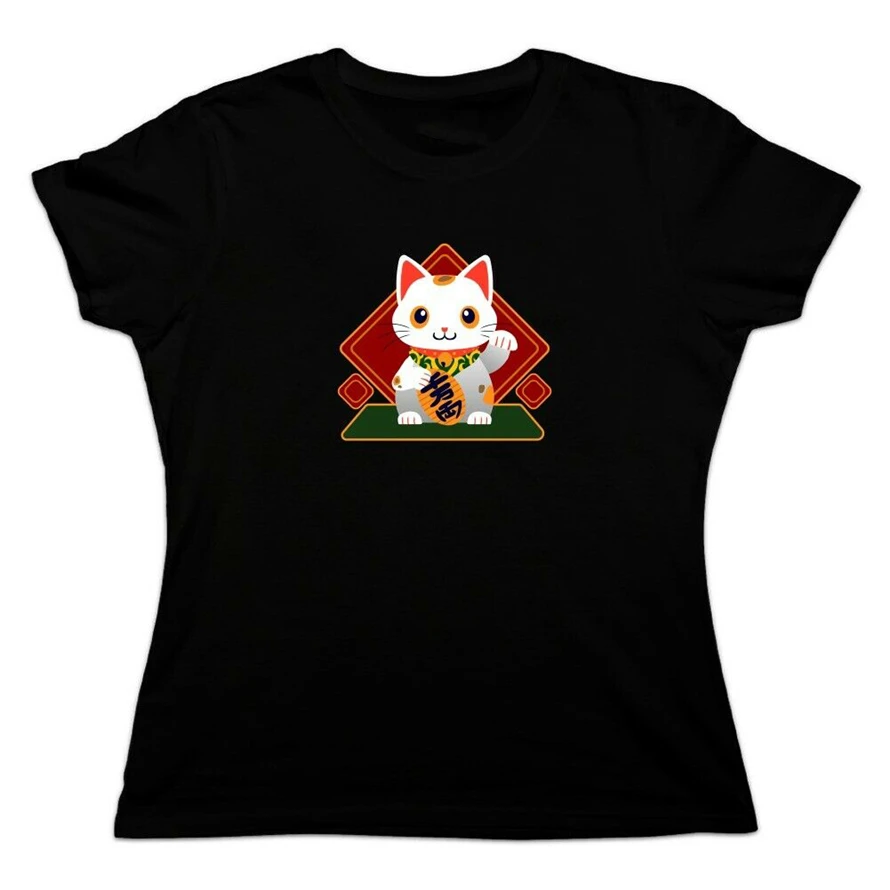 Милая женская футболка с изображением счастливого кота Maneki-Neko лучшие