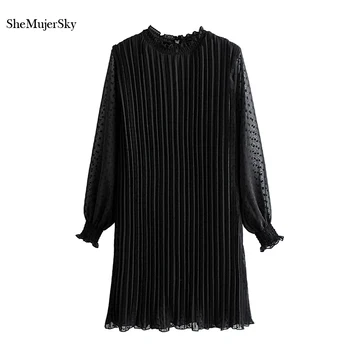 

SheMujerSky Black Jacquard Dress Autumn Women Pleated Mini Dress 2020 Long Sleeve Dresses jurk