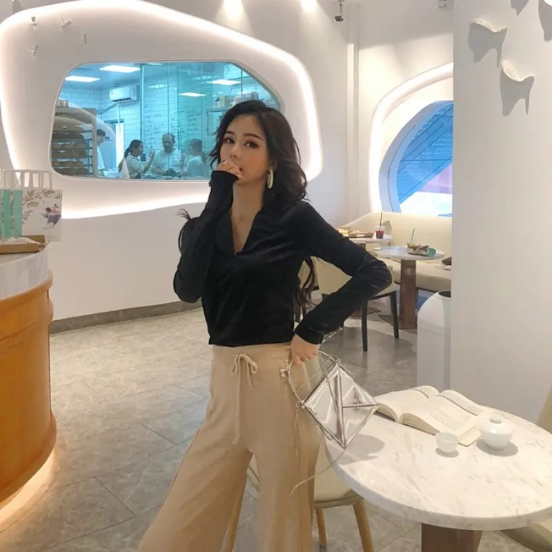 Новая весенняя женская футболка с v-образным вырезом, футболки, теплые плотные бархатные футболки, женские облегающие Топы с длинным рукавом
