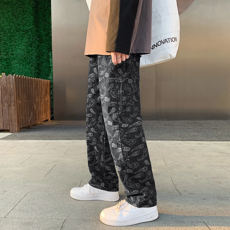 カシュー花黒ジーンズ男性ストレートチューブルース春と秋の夏の韓国ファッションメンズバギーパンツデニムズボン ジーンズ Aliexpress