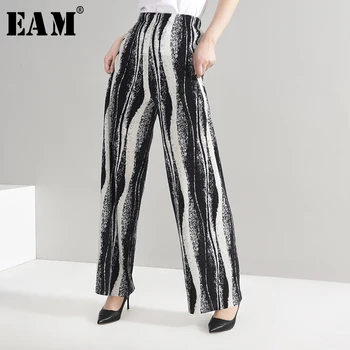 

[EAM] High Elastic Waist Black Printed Long Wide Leg Trousers New Loose Fit Pants Women Fashion Tide Spring Summer 2020 1W22301