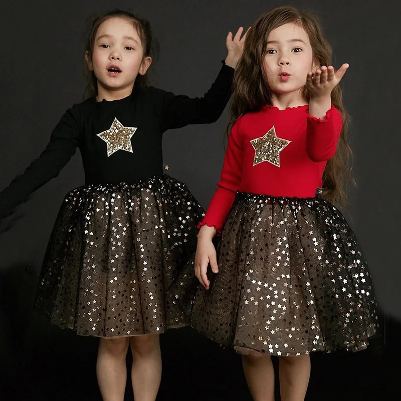 Платье-пачка для девочек; детское бальное платье принцессы с блестками и аппликацией в виде звезд; школьная одежда; платье в стиле пэчворк с длинными рукавами для девочек; вечерние платья для малышей; цвет красный, черный