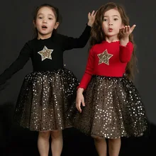 Платье-пачка для девочек; детское бальное платье принцессы с блестками и аппликацией в виде звезд; школьная одежда; платье в стиле пэчворк с длинными рукавами для девочек; вечерние платья для малышей; цвет красный, черный