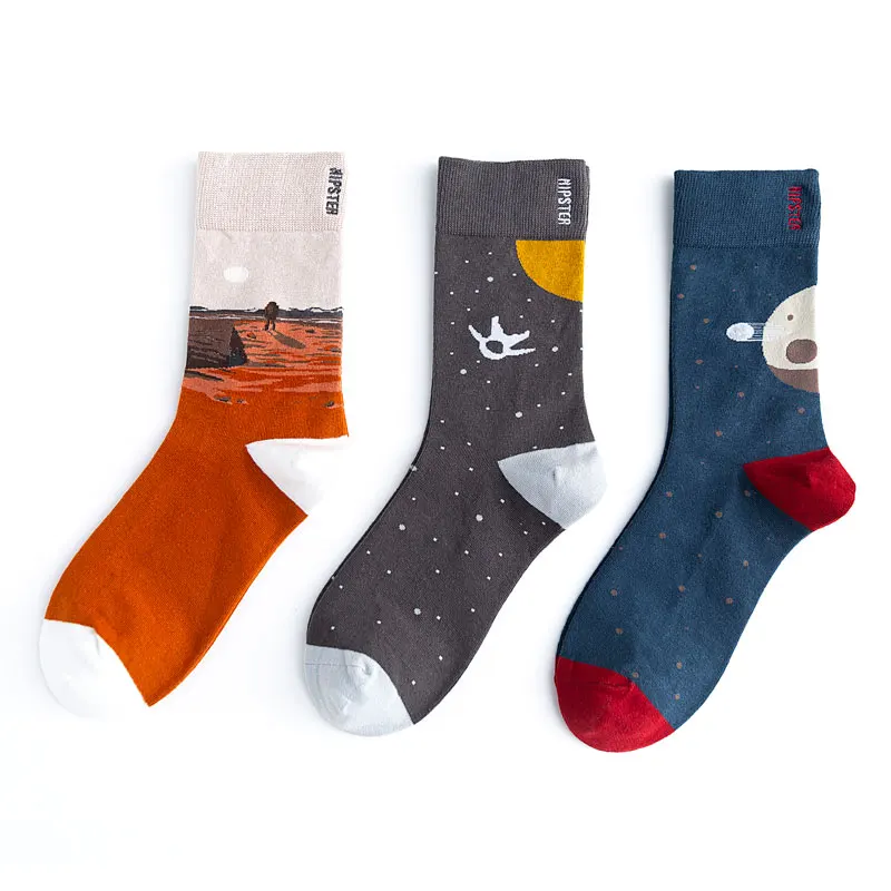 Unisex Painting Style Astronaut Women Socks 100 Cotton Harajuku Colorful Full Socks Women Space Streetwear 1 Pair Size 35-43