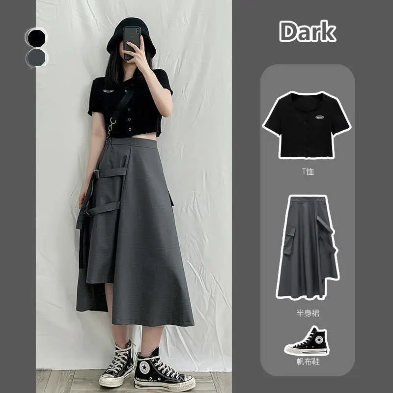 

Skirt Suit Two-Piece Female Summer Loose High Waist Bib Skirt Mid-Length Gray Irregular Skirt + Black Shorts T-shirt Harajuku