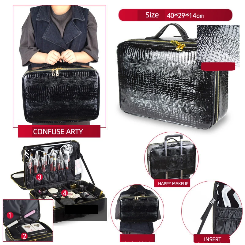 Makeup Bag New PU Leather Makeup Bag Large Capacity Compartment Travel Tattoo Storage Cosmetic Case
