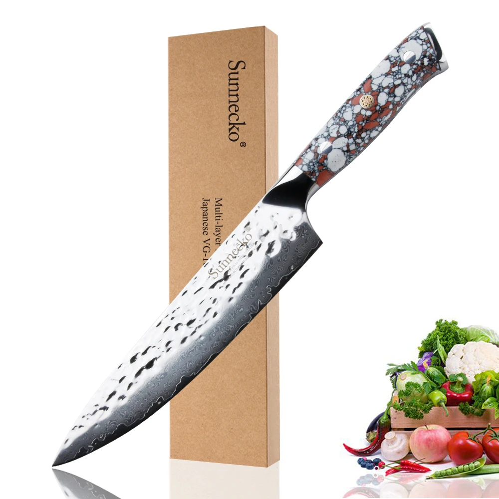 SUNNECKO 8" Chef knife Damascus Japanese VG10 Steel Hammer Blade Kitchen Knives Jade Stone Handle Sharp Meat Fruit Cutting Tools|Kitchen Knives|   - AliExpress