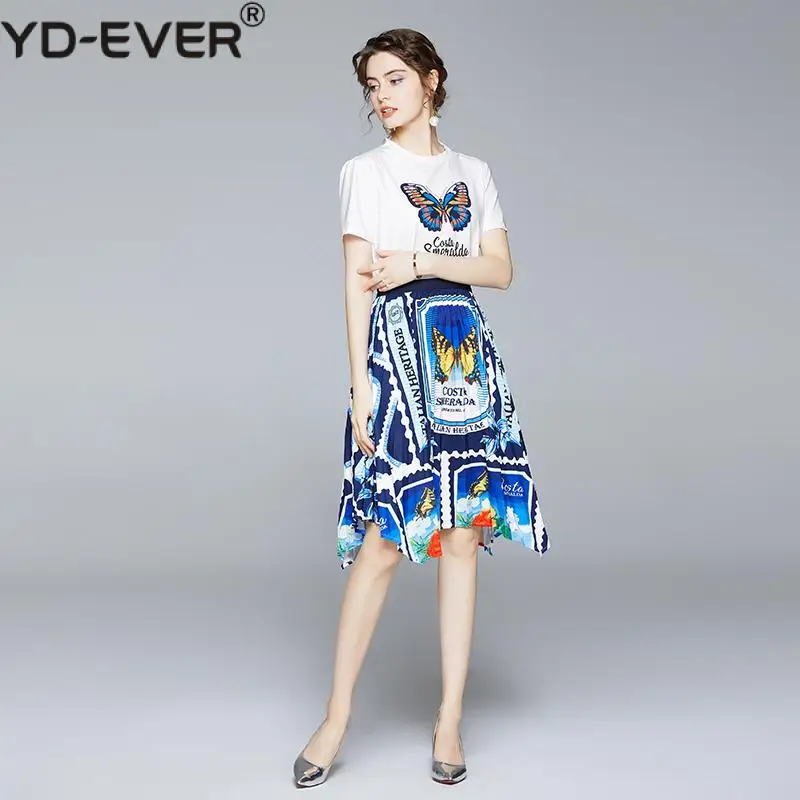 Модный подиумный Костюм двойка комплект для лета 2020 женская футболка с принтом