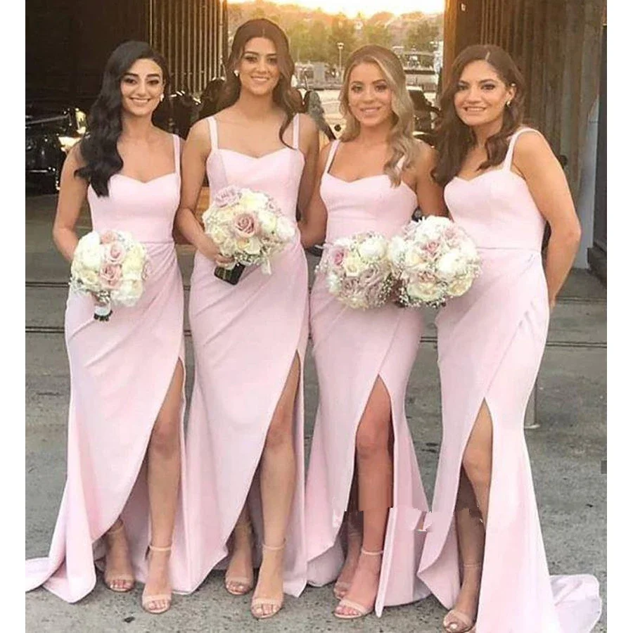 Платье подружки невесты русалки, длинное,, атласное, с разрезом по бокам, vestido de festa, на тонких бретелях, Robe demoiseur D'Honneur