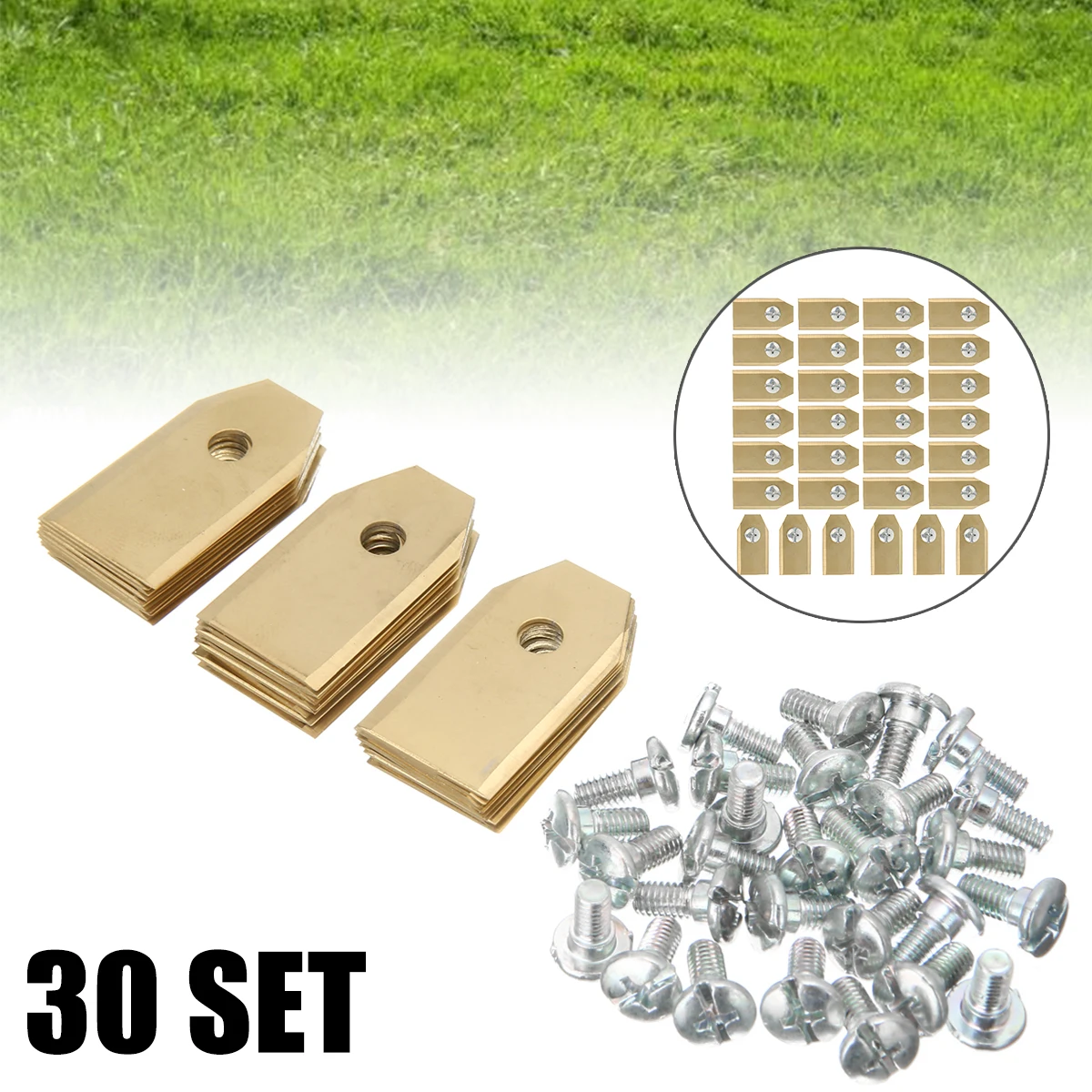 

30pcs 0.75MM Titanium Coated Lawn Mower Blades Replacement with Screw Parts for Automower R38LI R40LI 105 305