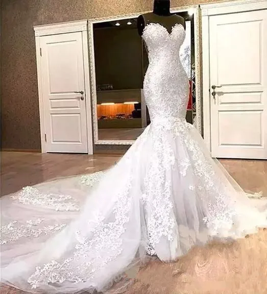 

Gorgeous Mermaid Lace Wedding Dresses Appliques Beads Long Chapel Train Sheer Neck 2020 Bridal Dress For Women Vestido De Noiva